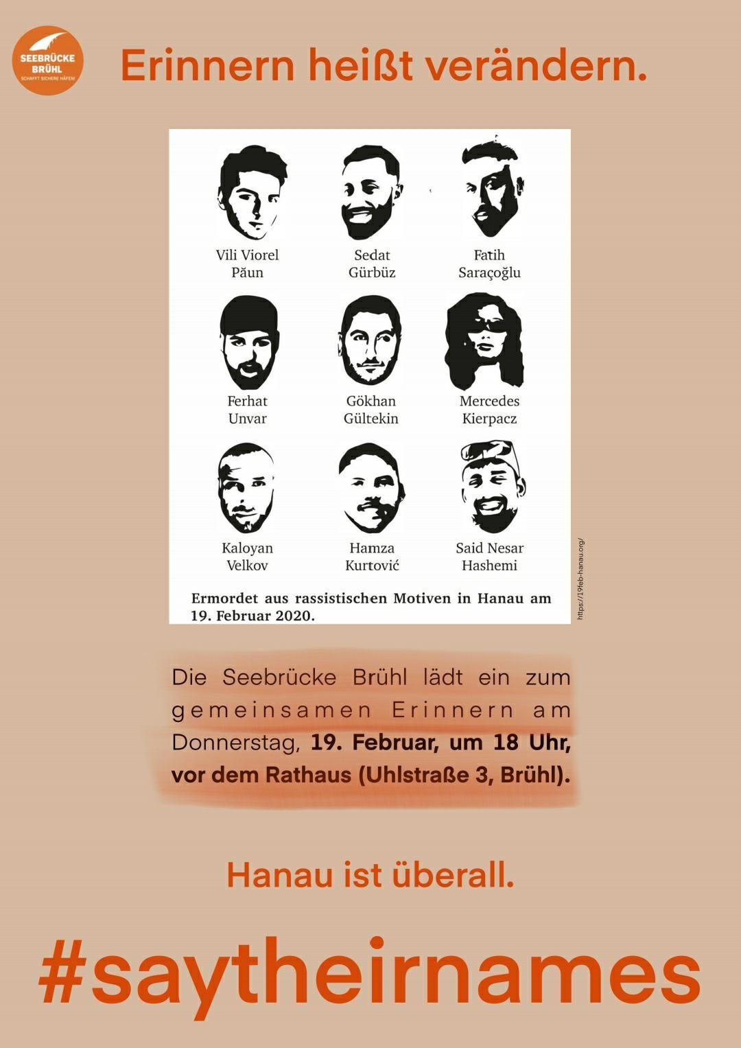 Auf dem Bild ist oben links das Logo der Seebrücke Brühl zu sehen. Daneben steht "Erinnern heißt verändern"