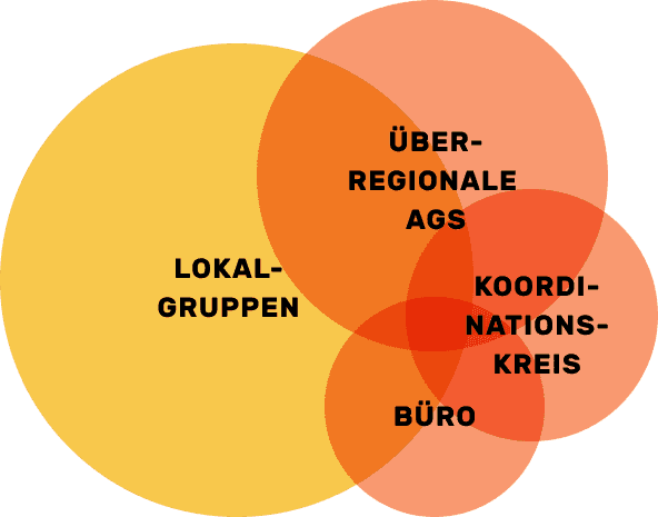 Organigram of Seebrücke with overlapping circles: local groups, supra regional working groups, coordination circle and office